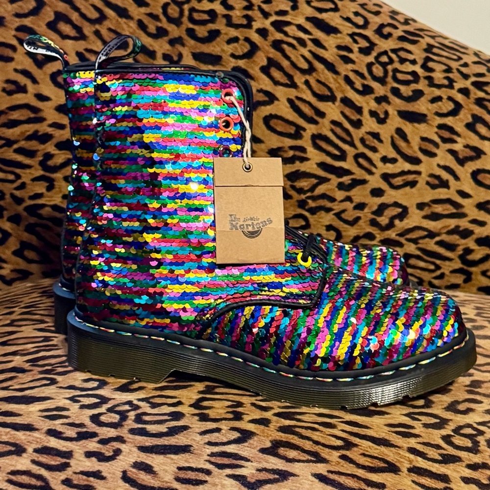 Dr. Martens Docs Rainbow / Silver Flip Sequin Boots—New Sz 8